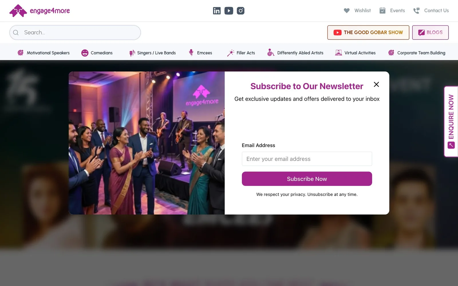 Engage4more website screenshot — corporate artist booking & team building company India