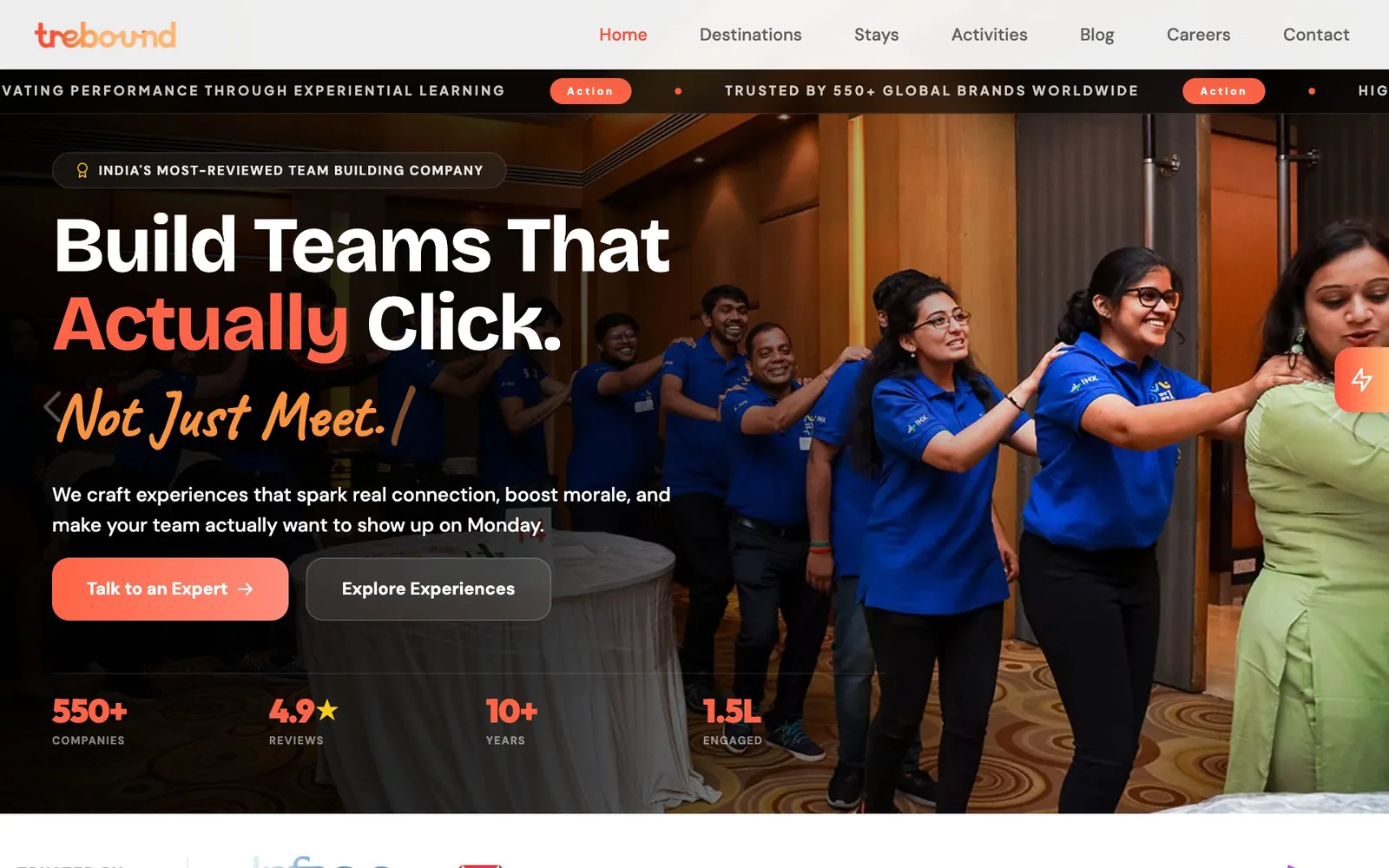 Trebound website screenshot — team building & corporate offsite company India